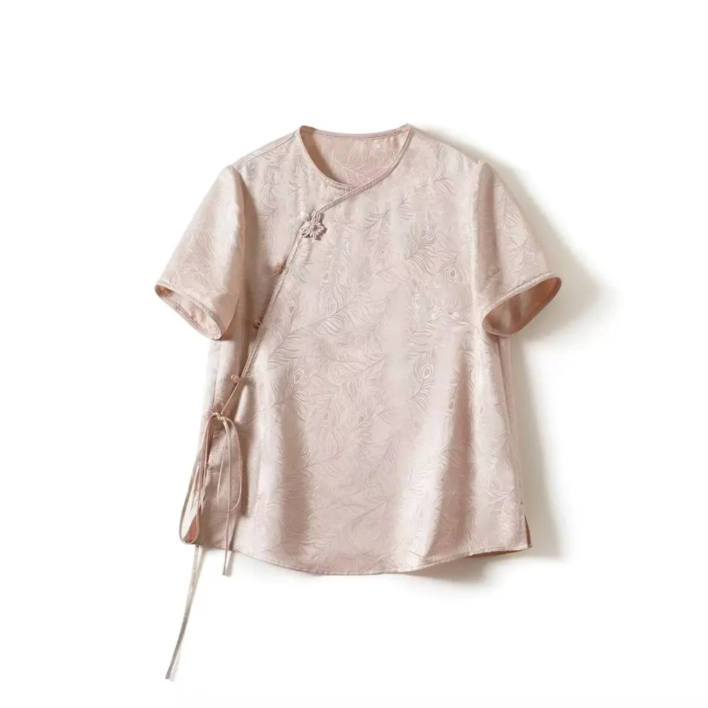 Asymmetric Closure Jacquard Pure Silk Short Blouse