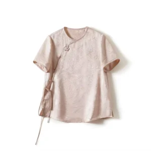 Asymmetric Closure Jacquard Pure Silk Short Blouse