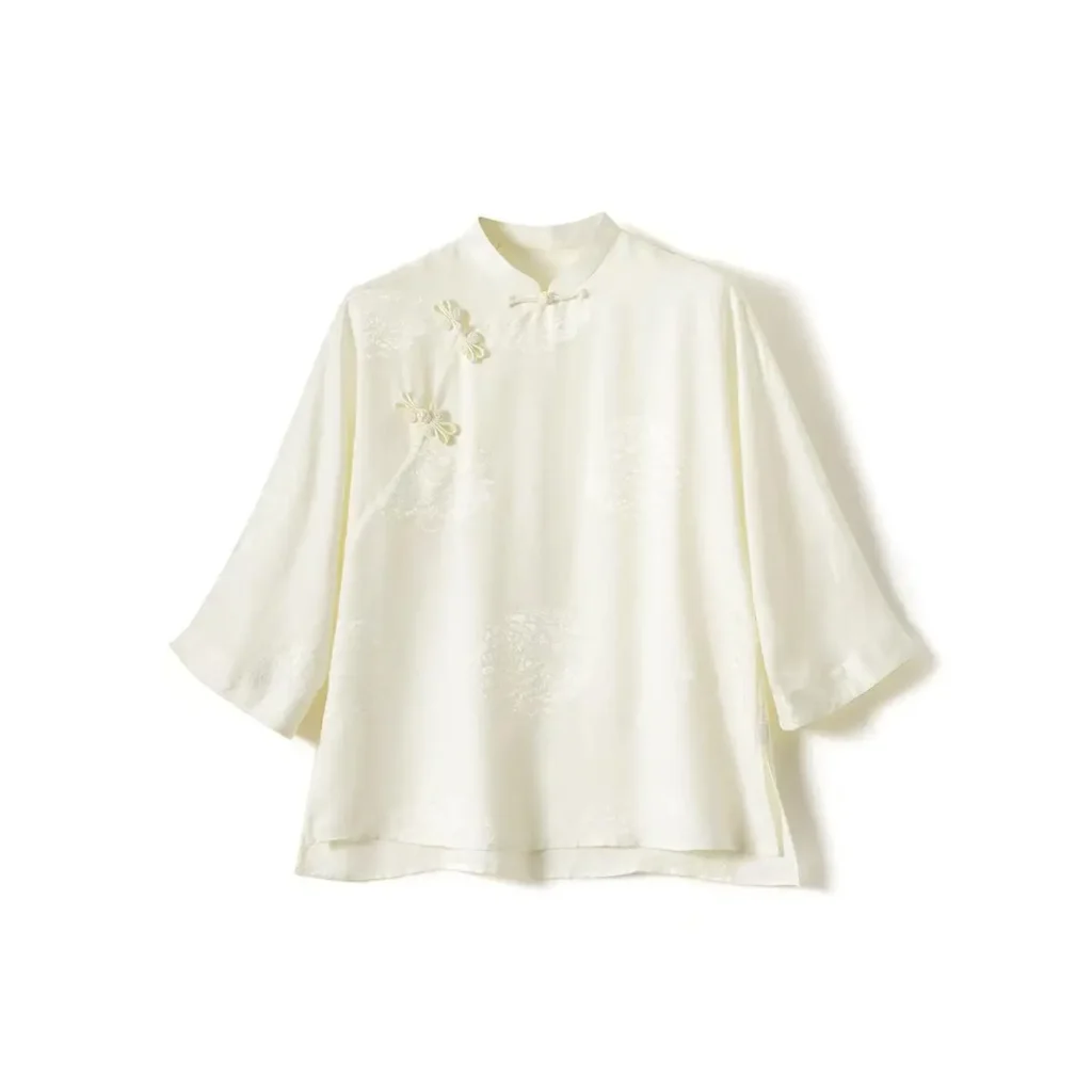 Slant-collar Jacquard Mulberry Silk White Top