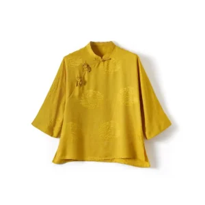 Slant-collar Jacquard Mulberry Silk Yellow Top Women