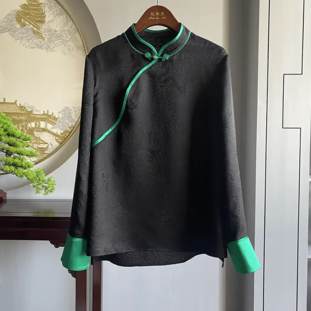 Stand Collar Slant Lapel Mulberry Silk Black Shirt