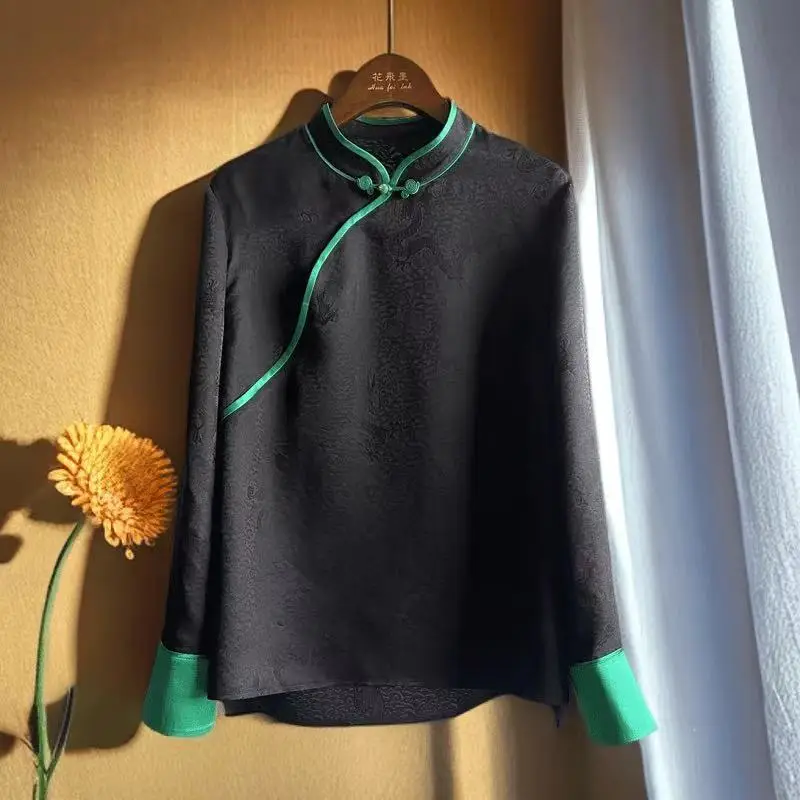 Stand Collar Slant Lapel Mulberry Silk Black Shirt Women